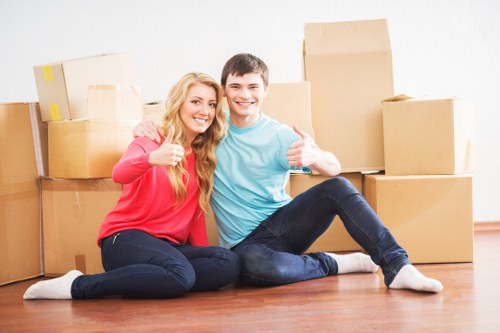 Packed boxes and furniture ready for a house move in Putney